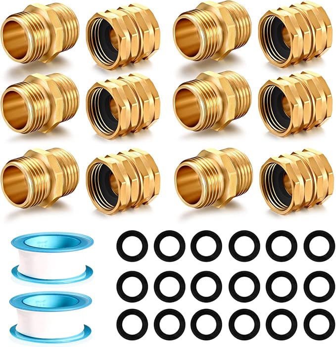 Solid brass Garden Hose Fittings Connectors Adapter Heavy Duty Brass Repair Male, Female faucet leader coupler dual water hose connector (3/4" GHT Double Male Double Female 12 Pcs)