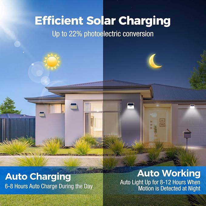 Peasur White Solar Lights Outdoor Waterproof, 6Pack 140LED Solar Powered Motion Sensor Light, 3 Modes Security Wall Lights for Fence Garden Yard Outside