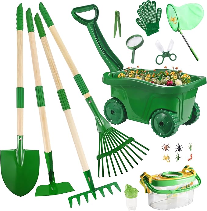 Kids Gardening Tools and Bug Catcher Kit with Wheelbarrow Sets, Ages 2 3+ | Shovel, Rake, Bug Catcher Kit, Summer Outdoor Yard Digging Weed Tools, Easter Birthday Gift for Boys Girls, Green
