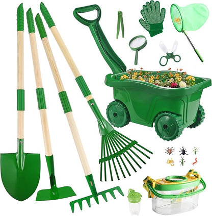 Kids Gardening Tools and Bug Catcher Kit with Wheelbarrow Sets, Ages 2 3+ | Shovel, Rake, Bug Catcher Kit, Summer Outdoor Yard Digging Weed Tools, Easter Birthday Gift for Boys Girls, Green