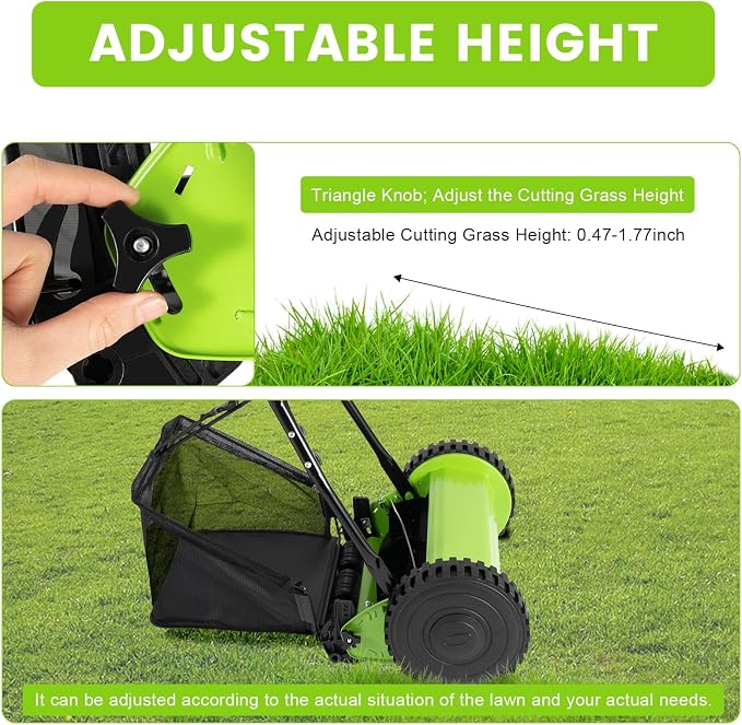 Manual Reel Push Mower, Push Lawn Mowers Manual with Grass Catcher, Push Reel Lawn Mower 12 Inch 5-Blade, Adjustable Cutting Height