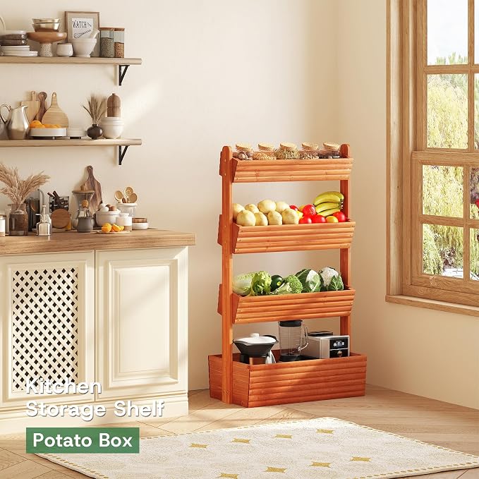 kiplant Adjustable Angle 4-Tiered Wooden Raised Garden Bed, Freestanding Vertical Planter Rack, Plant Box for Herbs, Veggies & Flowers, Indoor & Outdoor Gardening