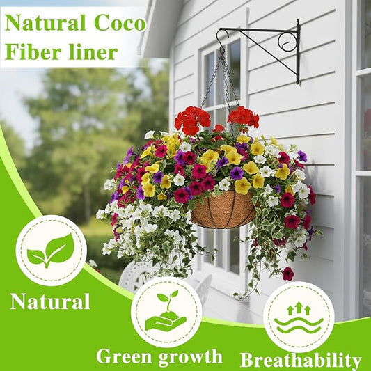 EIMQUVW Metal Hanging Planters Basket Set of 4 Hanging Flower Pots 10 Inch Chain Round Wire Plant Holder with Coco Coir Liner Garden Watering Hanging Baskets for Patio Garden Outdoor1