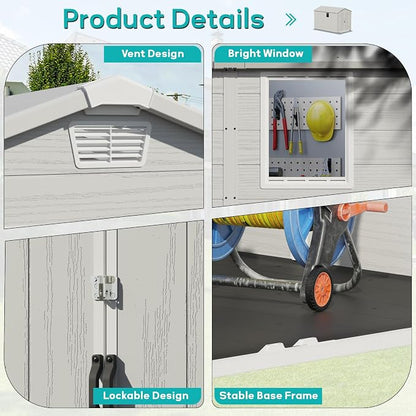 Greesum 6x10FT Plastic Outdoor Storage Shed with Floor, Resin Storaged Sheds with Lockable Double Door, Windows & Vents, All-Weather Tool Sheds for Patio, Garden, Backyard, Light Gray