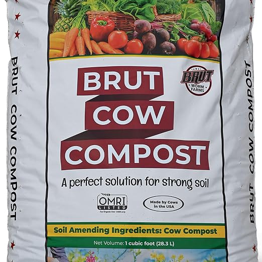 Brut Cow Compost – Nutrient-Rich Composted Cow Manure Organic Soil Amendment – 100% Pure Compost, Additive-Free Fertilizer for Vegetable Gardens, Flowers, Lawns & Indoor Plants – 1 Cubic Ft