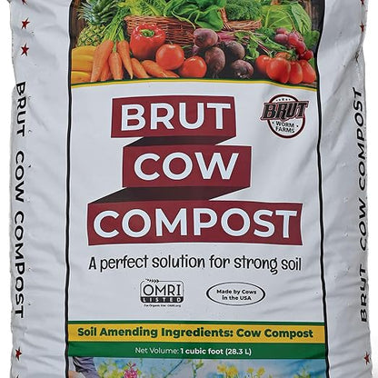 Brut Cow Compost – Nutrient-Rich Composted Cow Manure Organic Soil Amendment – 100% Pure Compost, Additive-Free Fertilizer for Vegetable Gardens, Flowers, Lawns & Indoor Plants – 1 Cubic Ft