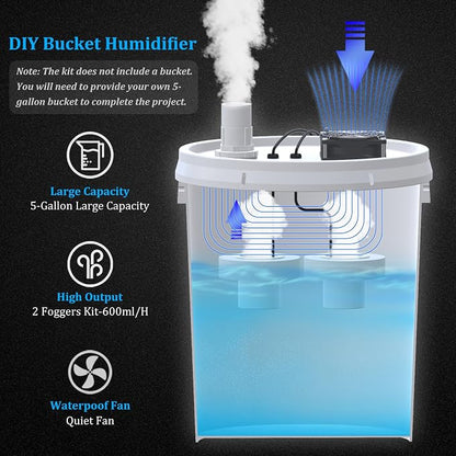19L Large DIY Humidifier Kit - for Plants, Mushrooms, Grow Tents, Terrarium | Turns a 5 Gallon Bucket into Cool Mist Humidifier, Extendable Hose, High Output, Long Runtime (2-Fogger, Double Mist)