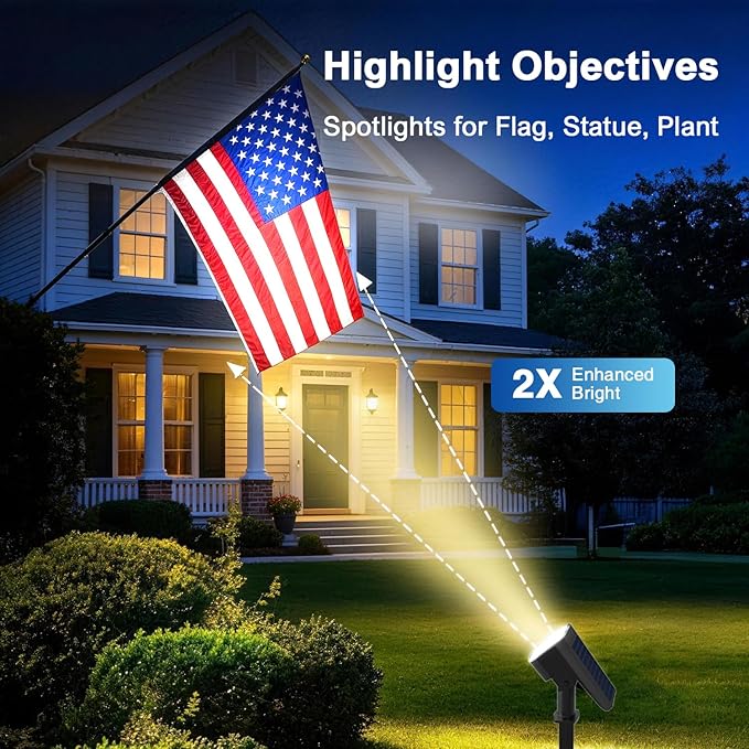 JEJOT Solar Lights Outdoor Waterproof IP65, Super Bright LED with Lens, 3000K 2 Lighting Modes, Solar Powered Yard Garden Solar Spot Lights for Outside Landscape Auto On/Off -2 Pack
