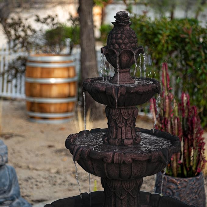 XBrand 58.3" 3-Tier Outdoor Freestanding Water Fountain - Classic Leaf Design, Brown Resin, Large Bird Bath with Pump - Ideal for Yard, Lawn and Garden, Porch Décor