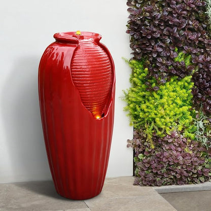 Teamson Home Glazed Vase Floor Freestanding Water Fountain with LED Lights and Pump for Outdoor Patio Backyard Deck Plant Garden Décor, 32 Inch Height, Red | Freestanding Floor Feature, Built-In LED Light, Glossy Red, Outdoor Décor