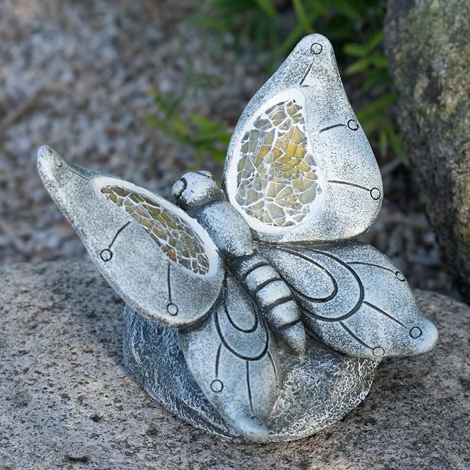 Rezpuao Garden Statue Butterfly,Solar Butterfly Decor for Outdoor,Resin Butterflies Figurine with Solar Light for Patio,Balcony,Yard,Lawn Ornament,Perfect Garden Gift