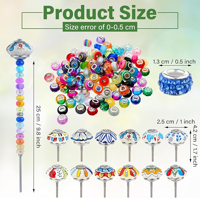 Tigeen 236 Pcs Garden Stake DIY Fairy Wand Plant Stake with 12 Colorful Crystal Stopper Top 12 Threaded Rod with 200 Large Hole Bead for Spring Summer Holiday Outdoor Decorations(Mushroom and Pumpkin)