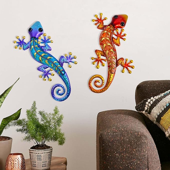 HONGLAND Metal Gecko Wall Art- 15 Inch Lizard Outdoor Decor Hanging Glass Sculpture, 2 Pack Gecko Wall Art Decorations for Garden Fence Home