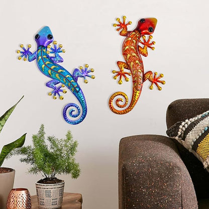 HONGLAND Metal Gecko Wall Art- 15 Inch Lizard Outdoor Decor Hanging Glass Sculpture, 2 Pack Gecko Wall Art Decorations for Garden Fence Home