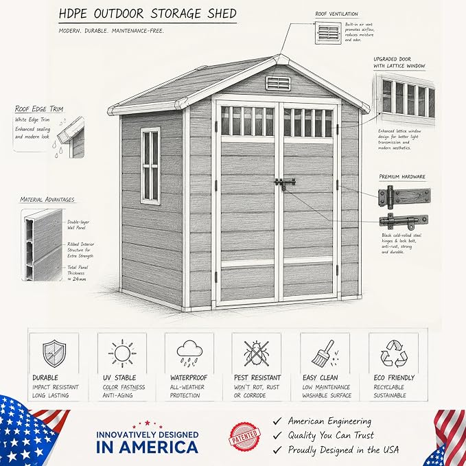 DWVO 6x4.4 FT Outdoor Storage Shed with Fence-Style and Side Windows, Lockable Door and Vents Resin Storage Shed for Garden, Backyard, Patio, Lawn