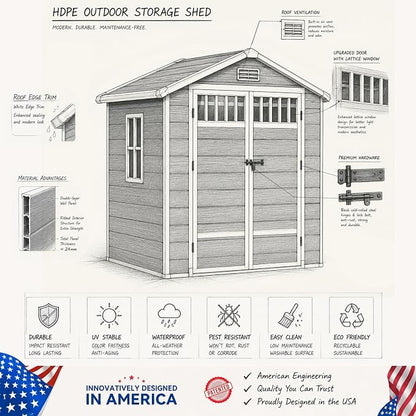 DWVO 6x4.4 FT Outdoor Storage Shed with Fence-Style and Side Windows, Lockable Door and Vents Resin Storage Shed for Garden, Backyard, Patio, Lawn