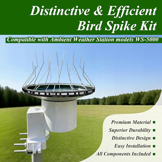 Bird Spikes Compatible with Ambient Weather WS5000, Adjustable Weather Station Bird Spike Kit with Stainless Steel Locking Ties & Wires for Rain Gauge Funnel Protection, Black