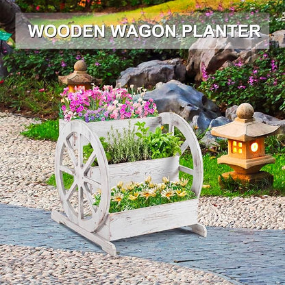 Beeveer Wooden Wagon Planter Box Garden Planter for Outside with Drainage Holes Decorative for Patio Garden Balcony Vegetables Flowers Herbs (Washed Antique White)