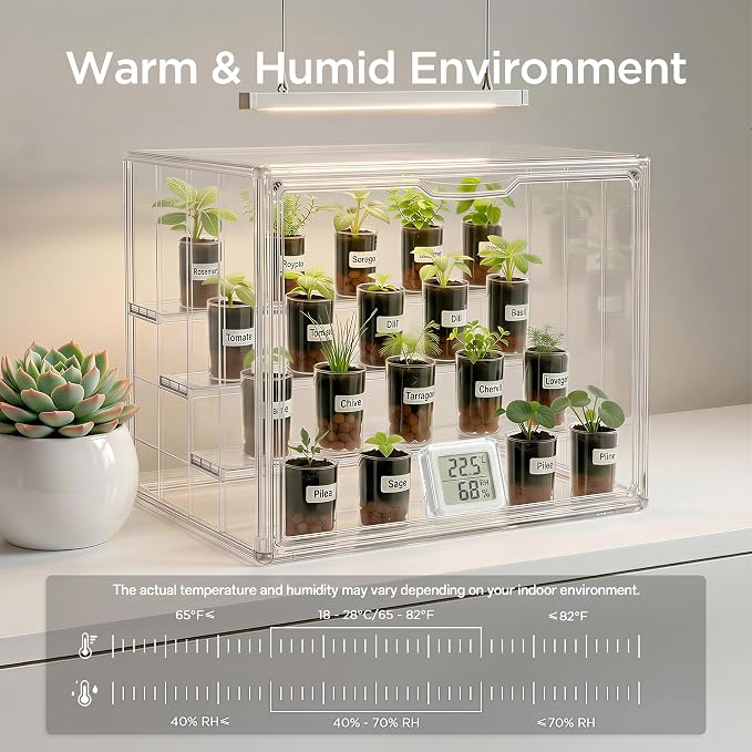 HBlife Mini Greenhouse for Indoor, Clear Stackable Green House with Magnetic Door & Adjustable Drainage Dividers, Tabletop Portable Greenhouse for Small Plants Nursery Germination and Display, 1 Pack