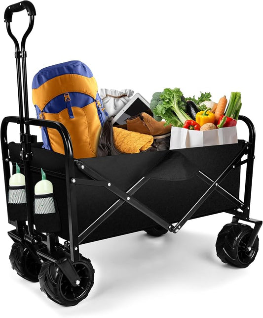 YSSOA Collapsible Folding Wagon, Beach Wagon with Big Wheels, Heavy Duty Foldable Utility Cart, Portable Garden Cart with Adjustable Handle, Foldable Grocery Cart for Camping Sports