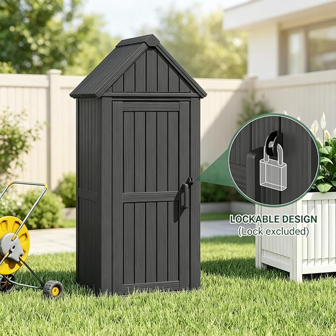 Bifanuo Deck Box Storage Shed Outdoor Storage Cabinet, Vertical Waterproof Resin Material Plastic Shed with Removable Shelves, 12 Hooks and Lock Ring for Garden, Pool and Patio (Black)