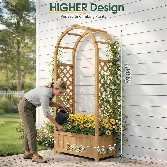 VINGLI Raised Garden Bed with Trellis & Hanging Roof, Wooden Planter Box with Drainage Holes for Outdoor Climbing Plants Vegetables Flowers, Patio Yard Balcony (Natural, Arched top)