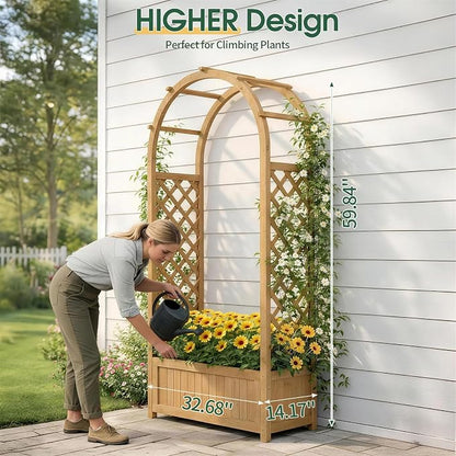 VINGLI Raised Garden Bed with Trellis & Hanging Roof, Wooden Planter Box with Drainage Holes for Outdoor Climbing Plants Vegetables Flowers, Patio Yard Balcony (Natural, Arched top)