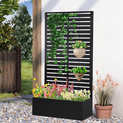 Metal Raised Garden Bed with Trellis,Planter Box for Climbing Plants, Vegetables & Vines, Features Drainage Holes and Privacy Screen.raised garden beds outdoor planters for porch (White, 71"x35"x16")