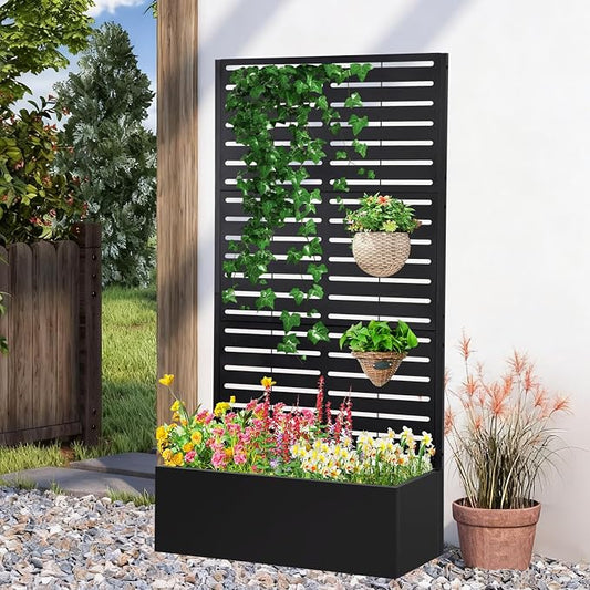 Metal Raised Garden Bed with Trellis,Planter Box for Climbing Plants, Vegetables & Vines, Features Drainage Holes and Privacy Screen.raised garden beds outdoor planters for porch (White, 71"x35"x16")