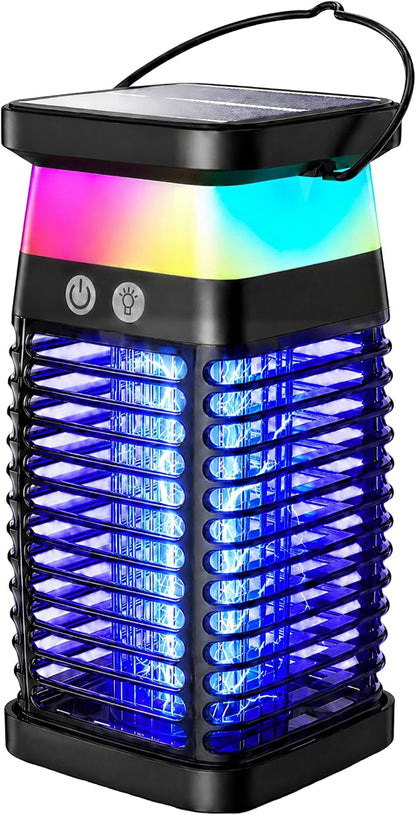 Solar Bug Zapper Outdoor/Indoor, 4000V Electric Mosquito Zapper with Flickering Flame & RGB Atmosphere Light, Cordless Waterproof Rechargeable Mosquito Repellent Outdoor Patio Backyard, Camping, RV