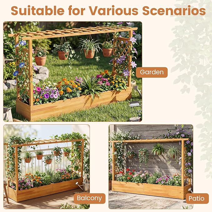 Happygrill 45" Raised Garden Bed with Trellis, Wood Planter Box w/Hanging Roof, 2 Side Trellises, Open-Ended Base for Flower, Climbing Plant, Plant Container for Garden