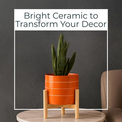 Striped Ceramic Planters with Wooden Stand as Home Decor Flower Pots for Entryway, Patio, Tabletop, and Garden - Colorful Decorative Pots for Indoor and Outdoor Plants - 9", Orange & Tan