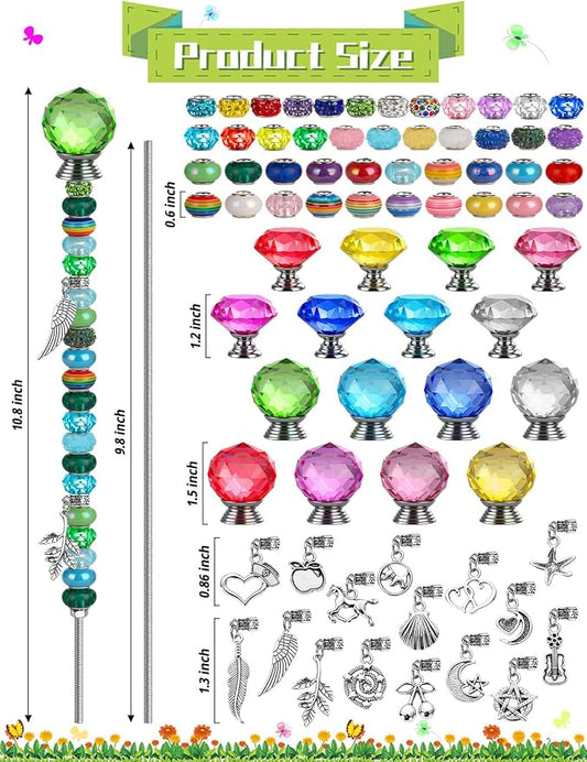 336 Pcs Beaded Garden Stakes DIY Fairy Wand Kit | 272 Colorful Assortment Round Large Hole Beads, Sparkling Silver Crystal Pendants, Stopper Top, For Outdoor Beadable Items