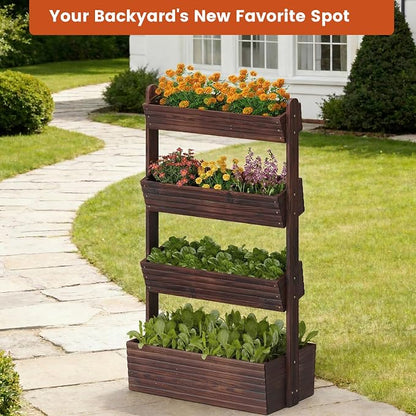 GHWIE Wooden Garden Planter Box, Raised Bed with Vertical Plant Rack, Indoor Outdoor Flower Herb Vegetable Stand (Carbonized, 4 Tier)