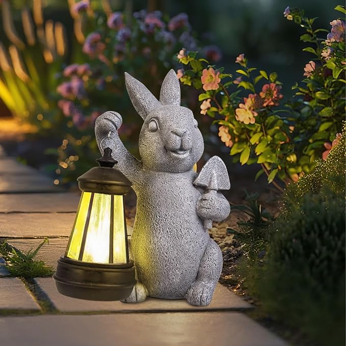 RICHIE Rabbit Statue Garden Ornaments Art Outdoor Decoration with Solar Powered LED Lights Decor for Patio,Balcony,Yard, Mum Birthday Gifts, Garden Gifts for Women, Chrismtas Gifts for Mom Grandma