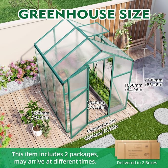 6x6 FT Greenhouse, Walk-in Heavy Duty Polycarbonate Outdoor Greenhouses with Raised Base & Anchor, Height-Enhanced Aluminum Frame, & Drainage System for Backyard All Season Growing, Green