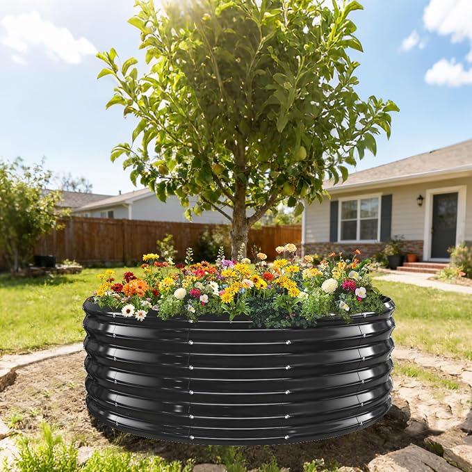 YSEJOMP 17" Tall 48" Diameter Round Raised Garden Bed Kits Outdoor Black | Heavy Duty,Rustproof,Durable & Stylish,1.5 FT Tall,4FT Planter Bed,0.8MM Thick Galvanized Metal Painted,with Gloves,Tool free
