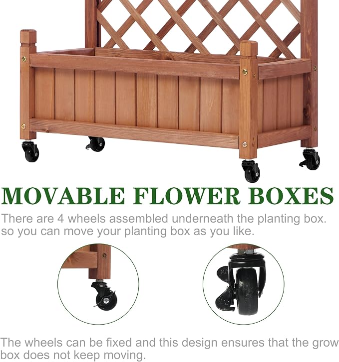 Raised Garden Bed with Trellis Set of 2, Outdoor Wood Planter Box & Plant Stand with Climbing Racks