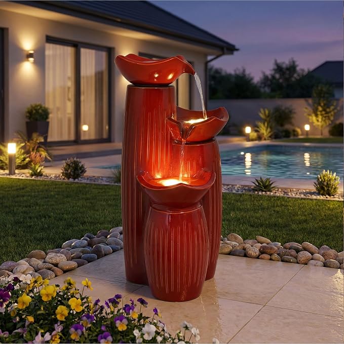 30" H Ceramic Outdoor Water Fountain with LED Lights, 3-Tier Cascading Lotus Bowls Water Feature, Tranquil Waterfall for Relaxing Garden, Patio, Yard, Terracotta Red, Vertical Striped Texture