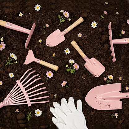 Kids Gardening Set with Wheelbarrow, Metal Kid Gardening Tools Set with Long Handle Tool, Hand Tool & Gloves, Backyard Gardening Tools for Kids Outdoor Play Birthday Gifts