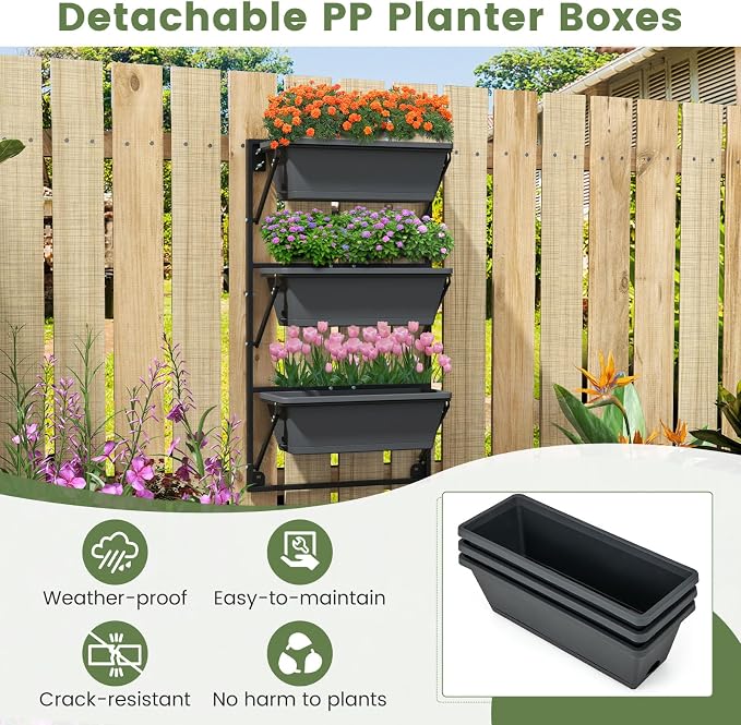 Giantex Set of 2 Vertical Raised Garden Bed, Hanging & Wall-Mounted Planter Garden Boxes, Adjustable Shelf & Detachable Hooks, 3-Tier Railing Raised Beds for Flower Strawberry Vegetable