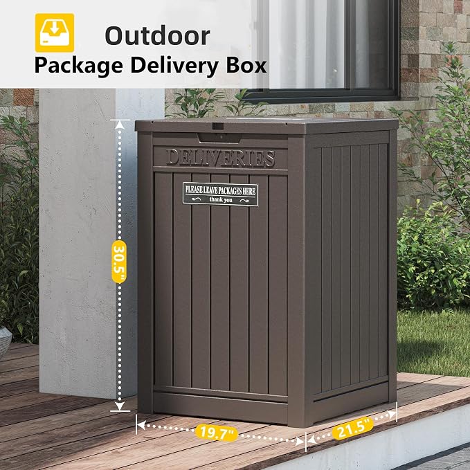 Package Delivery Box for Outside, Storage Box with Lockable Secure, Outdoor Resin Package Drop Container Waterproof for Backyard, Garden, Patio & Lawn, Brown