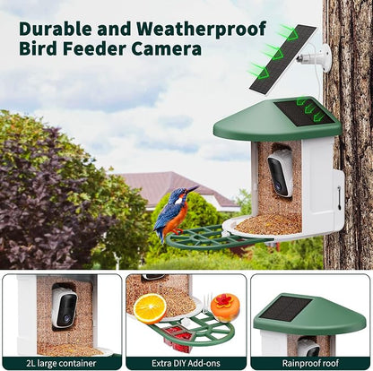 HARYMOR Smart Bird Feeder with Camera - AI Identify Birds Species, Solar Powered Bird House with Cam, 2L Large Capacity, 2K HD Video Live Stream, Instant Arrival Alerts - Green