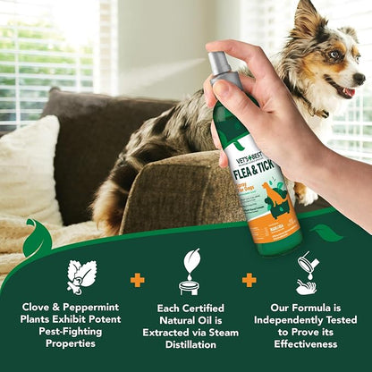 Vet's Best Natural Flea and Tick Spray for Dogs – Plant-Based Flea Repellent with Certified Essential Oils – Natural Pest Control and Prevention – Non-Toxic Formula for Home Use – 8 oz Bottle