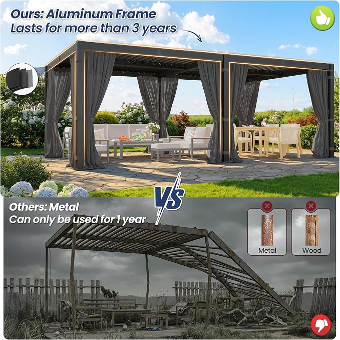 12' x 20' Louvered Pergola, Aluminum Frame Outdoor Pergola with Curtains & Netting, Adjustable Louvered Roof & Integrated Gutter System, Hardtop Patio Gazebo for Backyard, Patio, Garden, Dark Gray