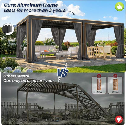 12' x 20' Louvered Pergola, Aluminum Frame Outdoor Pergola with Curtains & Netting, Adjustable Louvered Roof & Integrated Gutter System, Hardtop Patio Gazebo for Backyard, Patio, Garden, Dark Gray