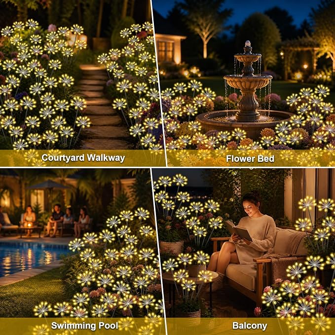 Solar Garden Lights Outdoor, Upgraded Solar Swaying Starburst Light Waterproof with 2 Modes, Solar Fairy Firework Lights for Yard Patio Pathway Flowerbed Balcony Garden Decoration (Warm White, 4 Pack)