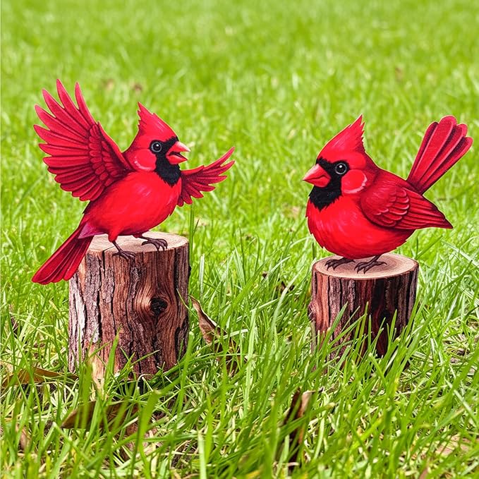 Set of 4 Metal Red Cardinal Birds on Stakes Outdoor Garden Decor - Yard Art Sculptures Standing on Wooden Post Style - Cardinal Gifts for Bird Lovers Patio Lawn Ornaments(Red Cardinal-c)