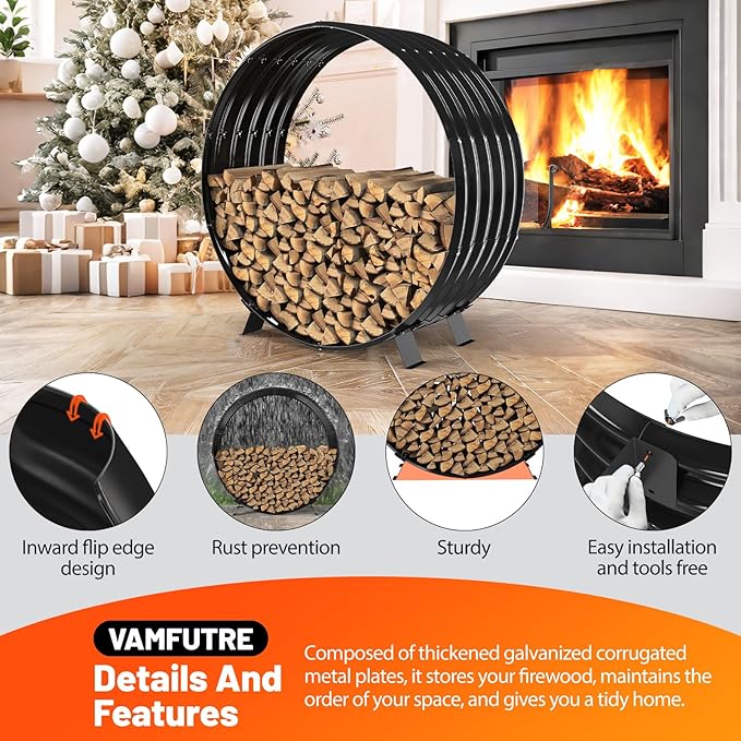 Round Metal Sheet Firewood Rack Indoor by Fireplace/Outdoor Beside Fire Pit -with Metal Legs,Rustproof,Durable & Stylish Firewood Holder (Circle, 40 Inches Diameter)