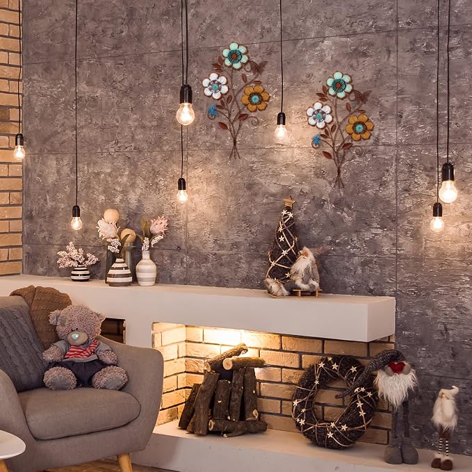 Moxweyeni Tricolor Flower Wall Decor Vintage Metal Wall Art Decor Rustic Hanging Flowers Decorative Metal Floral Art for Home Living Room Bathroom Indoor Outdoor, 15 x 9.1 Inch(2 Pieces)